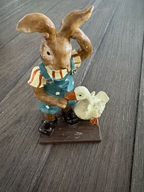Vintage Hand-Painted Bunny and Duck Figurine - Blue Overalls